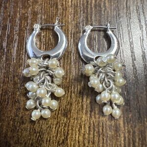 Silver Tone Faux Pearl Cluster Dangle Drop Earrings Hoop